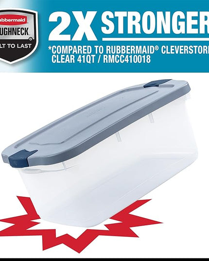 Rubbermaid Roughneck Clear 50 Qt/12 Gal Storage Containers, Pack of 5 with Latching Grey Lids, Visible Base, Sturdy and Stackable, Great for Storage and Organization