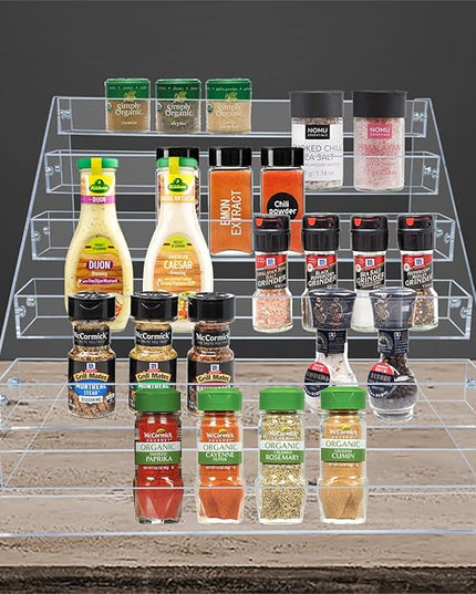PMMASTO Tiered Spice Rack, Seasoning Organizer, Clear Acrylic Vertical Shelves Can Organizer for Countertop, Cabinet, Pantry, Kitchen Organization and Storage - 6 Tier