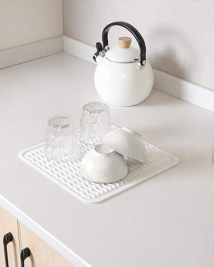 Silicone Dish Drying Mat for Multiple Usage,Easy clean,Eco-friendly,Heat-resistant Silicone Mat for Kitchen Counter or Sink,Refrigerator or Drawer liner White M 12 inches x 12 inches