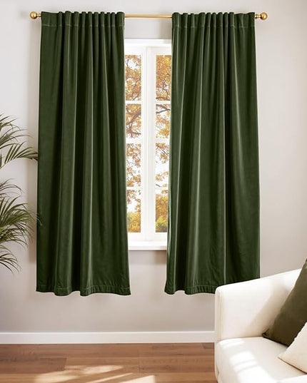 Lazzzy Velvet Blackout Curtains Thermal Insulated Room Window Drapes Super Soft Luxury Curtains for Living Room Bedroom Rod Pocket 2 Panels, Moss, 52" W x 72" L