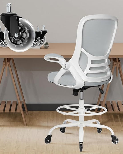 HYLONE Drafting Chair Tall Office, Ergonomic Standing Desk Stool Adjustable Drafting Chair Big Tall Drafting Office Chair White