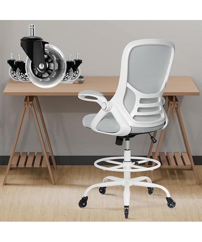 HYLONE Drafting Chair Tall Office, Ergonomic Standing Desk Stool Adjustable Drafting Chair Big Tall Drafting Office Chair White