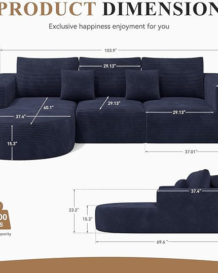 Modular Sectional Sofa with L-Shape Chaise,Cloud Sectional Modern Sleeper Couch with Deep Seat,Sponge Compression Sofas No Assembly Required (Blue-Corduroy Fabric) 1PCS