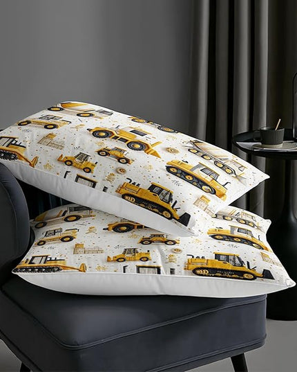 AILONEN Cartoon Construction Trucks Comforter Set Twin Size,Truck Cranes Tractors Bedding Sets,Boys Yellow Machinery Truck Duvet Set,3-Piece, 1 Quilt and 2 Pillowcases,Soft Microfiber