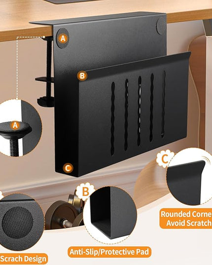 Desk Side Storage with Pen Holder, No Drill Hanging Desk Organizer Under Desk Storage Mount, Clamp-On Laptop Holder Table Side Tray Desktop Organization for Office and Home (Black)