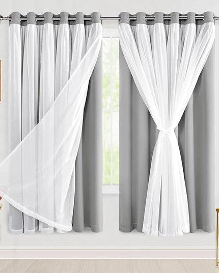 Hiasan Blackout Curtains with Sheer Overlay, Thermal Insulated Privacy Double Layer Mix & Match Window Curtains for Bedroom, Living Room, Dining 2 Drape Panels with Tiebacks, Silver Grey, 70W X 63L