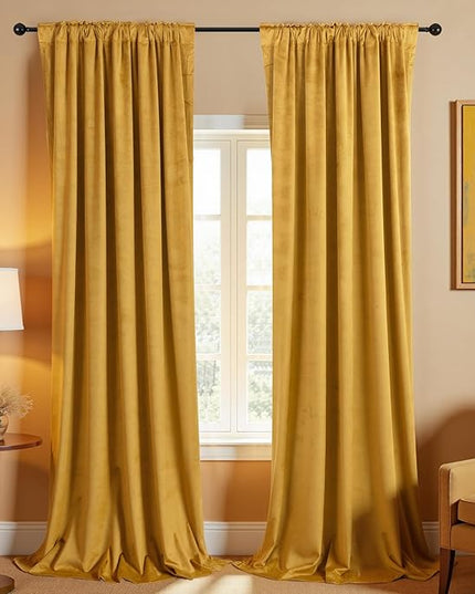 KOUFALL Mustard Yellow Velvet Curtains 96 Inches Long 2 Panel Set Black Out,Back Hook Mid Century Modern Curtain,Pleated Blackout MCM Vintage Boho Eclectic Curtains for Living Room Bedroom