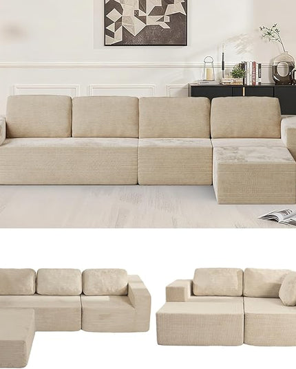 136" Cloud Sectional Couch, Left/Right Facing Convertible Sofa with Deep Seat, L-Shape Modular Upholstered Foam Couch for Living Room Bedroom, No Assembly Required (Corduroy Fabric, Beige)
