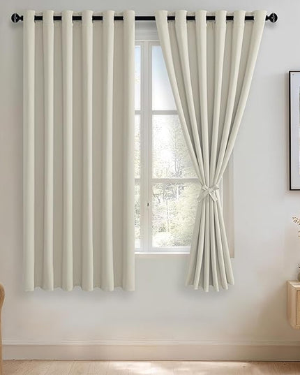JIUZHEN Ivory Blackout Curtains with Tiebacks - Thermal Insulated, Light Blocking and Noise Reducing Grommet Curtains for Bedroom and Living Room, Set of 2 Window Curtain Panels, 70 x 63 Inch Length