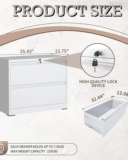 2 Drawer Lateral File Cabinet with Lock, File Cabinet, Metal Lateral Filing Cabinets for Home Office, File Storage Cabinet for Legal/Letter/A4 Documents, Assembly Required (White, 35'W)