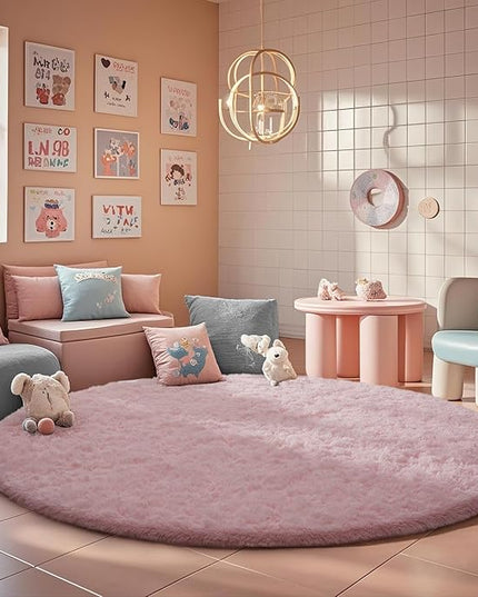 Ophanie Round Rugs 7Ft Pink Circle Area Rug, Fluffy Fuzzy Bedroom Carpet, Plush Soft Shaggy Indoor Floor Kawaii Living Room Rugs for Kids, Cute Room Decor for Teen Girls Home Decor Aesthetic, Nursery