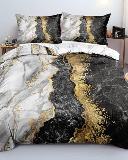Black Gray and Gold Metallic Marble Duvet Cover Set King Size Foil Print Glitter Bedding Comforter Covers with 2 Pillow Shams Breathable Durable Soft Comfy