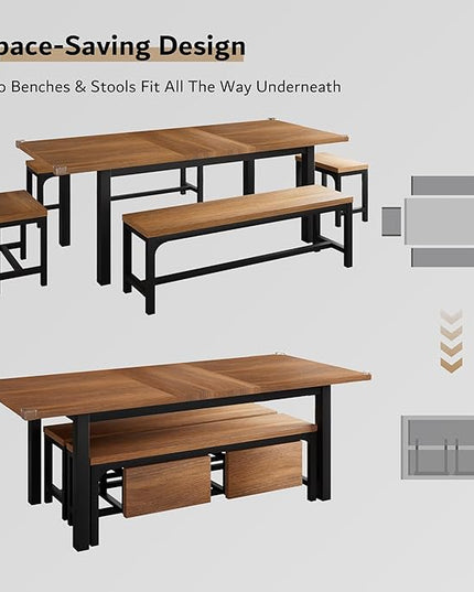iPormis 5-Piece Dining Table Set for 4-8 People, Extendable Kitchen Table Set with 2 Benches and 2 Square Stools, Mid-Century Dining Room Table with Metal Frame & MDF Board, Saving Space, Walnut
