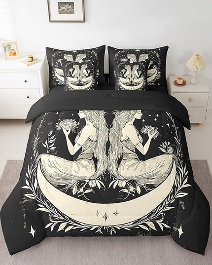 Feelyou 7 Piece Sun and Moon Bed in a Bag King for Boys Kids Rustic Garden Sheet Set,Constellation Galaxy for Girls Women Gemini Galaxy Bedding Set with Comforter Boho Mandala Cushion Covers