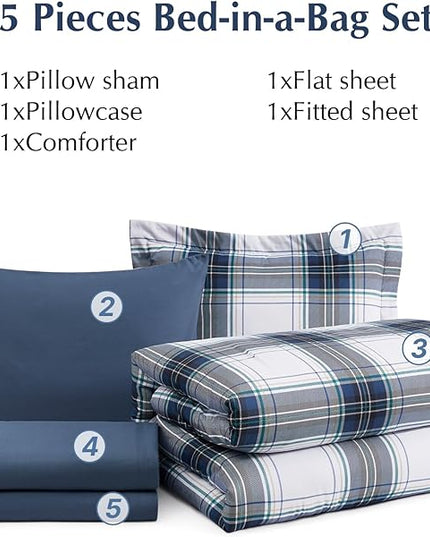 MaiRêve Twin XL Size Plaid Comforter Set Blue White, Classic 5 Pieces Farmhouse Bedding Set, All Season Lightweight Bed in A Bag with Sheets, Pillowcase & Sham