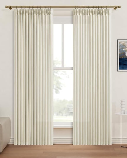 Pinch Pleated Linen Curtains for Living Room Bedroom 86 Inches Long, Light Filtering Memory Trained Shaped Neutral Window Drapes Semi Sheer Boho Cream Birch Pleat Curtain with Hooks 40"W x 86"L