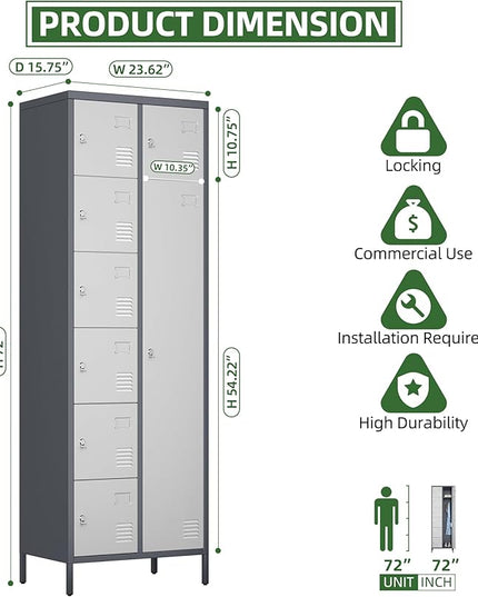 Aobabo 72" H Metal Lockable Storage Locker 7 Small Doors and 1 Big Door, Metal Lockers for empolyees with Hooks, for School Home Office Assembly Required, 8 Doors, Grey White