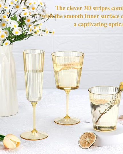 12 PCS Gold Ribbed Plastic Wine Glasses 13.5 OZ Ribbed Wine Glasses Detachable Wine Glass Elegant Fluted Glassware Vintage Style for Wedding Anniversary Birthday Dinner Parties