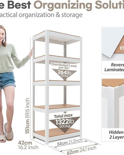 HOMEDANT House 5 Tier Laminated Metal Shelving Unit Adjustable Storage Utility Rack Heavy Duty Shelves Organization Multipurpose Shelf Kitchen Garage Pantry Closet (10, (S) 24.4" W, White)