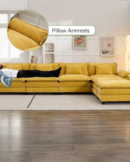 154" Modular Sectional Sofa, Comfy Cloud Couch Sectional Sofa with Ottoman, Chenille Sofa Sleeper Deep Seat Sofa with Throw Pillows for Living Room (Yellow, 154"- U Shape)