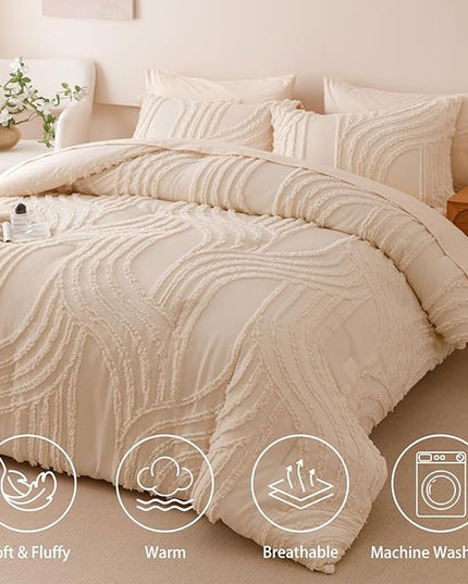 Beige Full Comforter Set - 7 Pieces Bed in a Bag, Premium Comforters Full Size Bed Set Tufted Shabby Chic Bedding Comforter Set with Flat Sheet, Fitted Sheet and Pillowcases,Beige