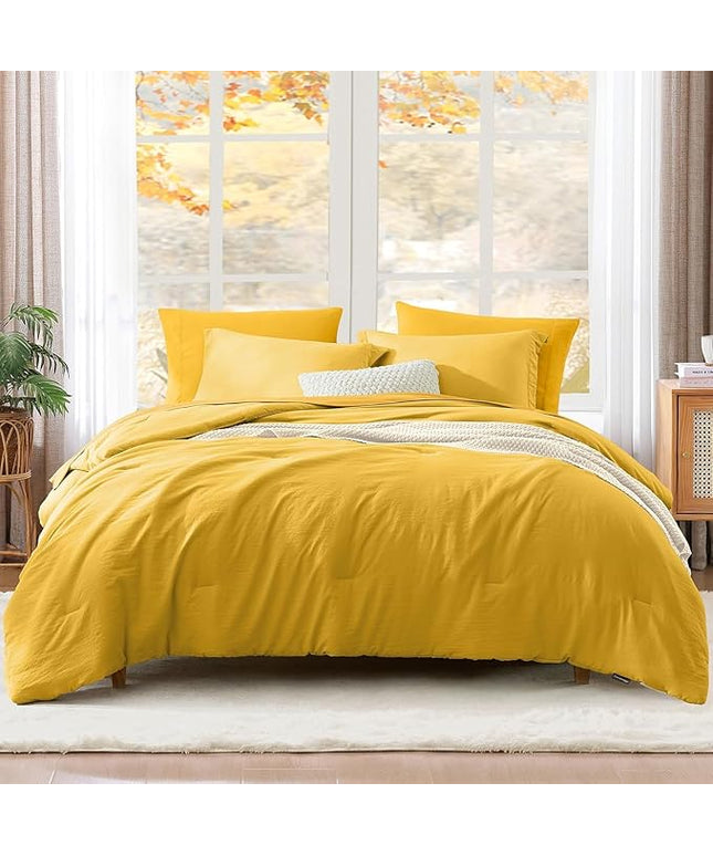 WRENSONGE King Size Comforter Set- 7 Pieces Soft Yellow Bed in a Bag with Fitted Sheet, Flat Sheet 2 Pillow Shams, and 2 Pillowcases- King Bedding Set for All Season