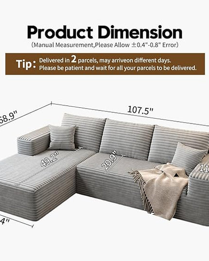 107.5" Cloud Modular Sectional Sofa Couch with L-Shape Chaise,Modern Minimalist Upholstered Couches for Living Room Bedroom,Deep Seat Corner Couch，No Assembly Required (Grey,Left Facing Chaise)
