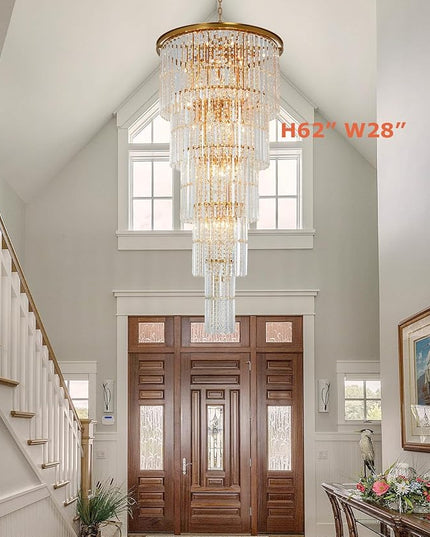 62'' Long Crystal Chandelier for High Ceiling, 37-Light Modern Large Brass Chandeliers for Foyer Entryway Staircase Living Room Dining Room