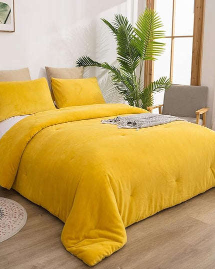 Luxlovery Mustard Velvet Comforter Set King Dark Yellow Fluffy Bedding Comforter Set Women Men Solid Heavyweight Winter Thick Warm Plush Flannel Comforter Set for Adults Teens…