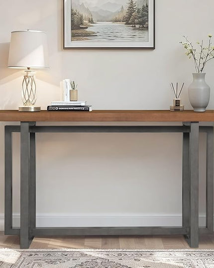LKTART 59.05-Inch Long Behind Couch Sofa Table for Living Room, Farmhouse Console Table with Storage, Narrow Accent Entryway Tables for Hallway Entrance Foyer (Brown+Grey)