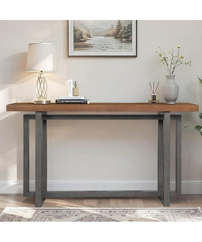 LKTART 59.05-Inch Long Behind Couch Sofa Table for Living Room, Farmhouse Console Table with Storage, Narrow Accent Entryway Tables for Hallway Entrance Foyer (Brown+Grey)