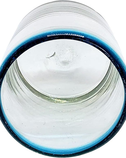 Aqua Blue Rim 8 oz DOF Rocks Glasses (set of 6) Mexican Handmade Glassware, Recycled Glass, Lead-free, Toxin-Free (DOF Rocks)