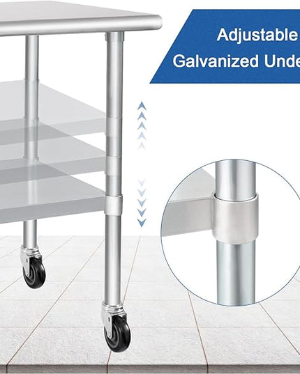 HARDURA Stainless Steel Table with Wheels 24 x 72 Inches Casters NSF Heavy Duty Commercial Work & Prep Table with Undershelf and Galvanized Legs for Restaurant Kitchen Bar and Hotel Garage