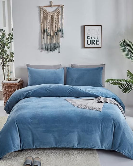 Houseri Velvet Blue Comforter Set California King Fluffy Dusty Blue Flannel Bedding Sets Puffy Lake Blue Cal King Comforter Sets Light Blue Sherpa Comforter Oversized King Warm Fuzzy Quilts Cal King