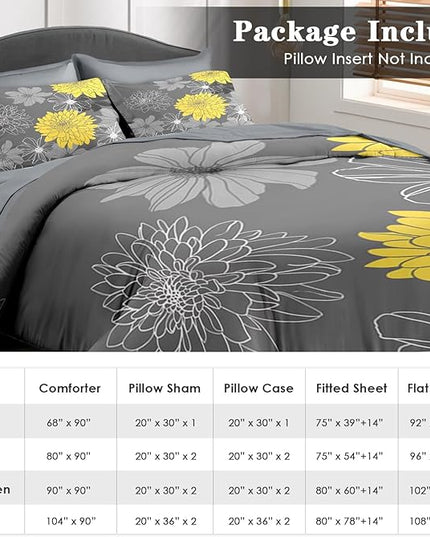 Comforter Set Queen Size, Vintage Flower 7 Pcs Bedding for Kids and Adults, Yellow Botanical Floral Bed Sheet Sets with Fitted Sheet 2 Pillowcases & 2 Shams