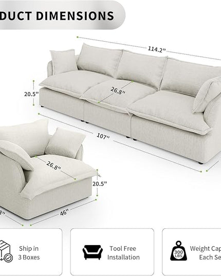 Cloud Modular Sectional Sofa Couch, 3 Seater with Armchair Convertible Sectional Couch, Down Feather Fill Sofa, Completely Removable Cover, Corner Sofa for Living Room, Office, Light Grey