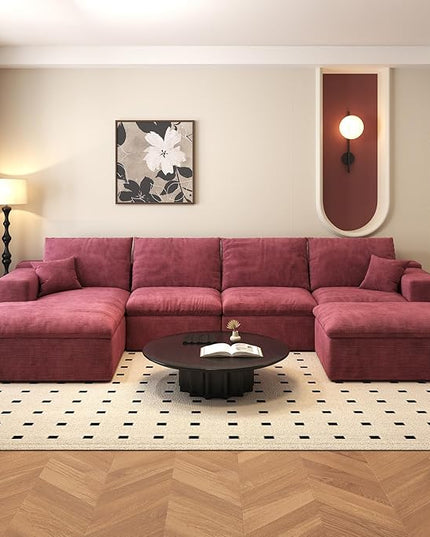 136.6'' U-Shaped Modern Modular Sectional Cloud Couch Whit Ottoman, 4-Seat Chenille Deep-Seat Sofa with Pillow for Living Room, Bedroom, Apartment, Wine Red