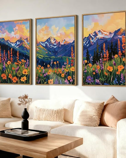 ANHUIB Colorful Wildflower Wall Art Boho Mountain Wall Decor Nature Floral Art Print 16x24 Inch Set of 3 for Living Room Bedroom Dining Room