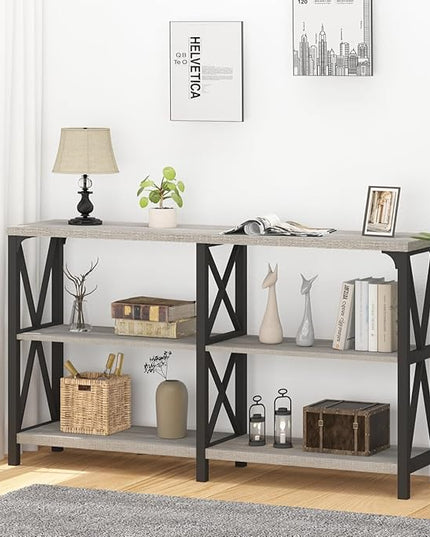 IBF Sofa Table, Modern Metal Wood 3 Tier Entryway Table, Industrial Console Table with Storage Shelves, Foyer Hallway Couch Table Behind Sofa for Living Room, Long Horizontal Bookshelf, Grey Oak, 55in