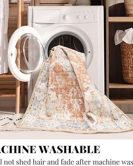 MUJOO 5'x7' Machine Washable Area Rugs for Living Room, Boho, Bedroom Laundry Room Kitchen Non Slip Carpet Abstract Soft Low-Pile Orange Navy Blue Floral.
