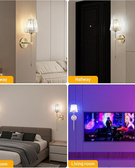 Crystal Battery Operated Wall Sconces Set of 2, Brass Rechargeable Wireless Wall Lights with Crystal Lampshade, 12 RGB and 3CCT Dimmable Wall Lamp with Remote for Bedroom Living Room Hallway