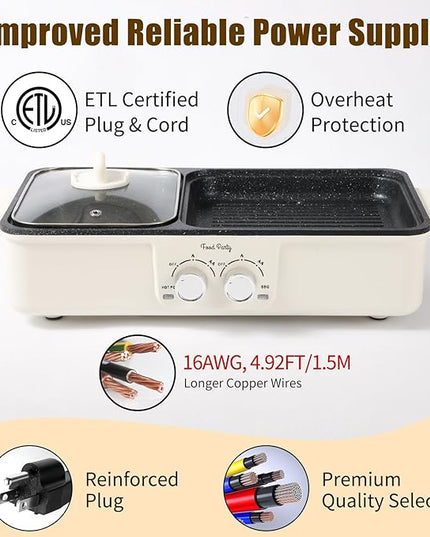Food Party Hot Pot Electric Grill 2 in 1 Korean BBQ Grill Indoor Smokeless Hotpot Pot Electric Cooker Sahabu Shabu Pot Non Stick (Large)