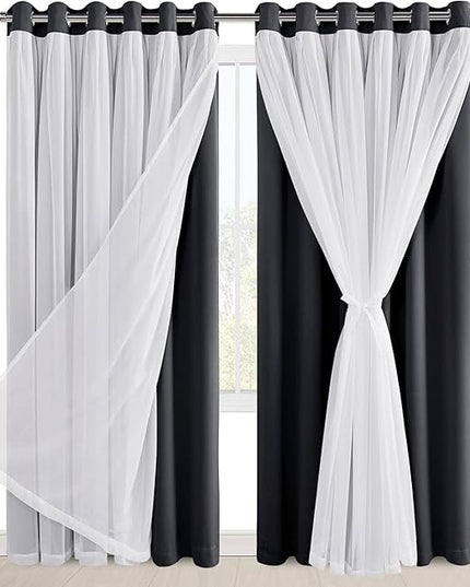 Hiasan Black Blackout Curtains with Sheer Overlay, Grommet Thermal Insulated Mix & Match Double Layer Window Curtains for Bedroom, Living Room, 2 Drape Panels Sewn with Tiebacks, 70W X 84L