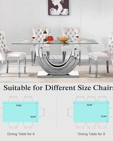 Henf 70'' Tempered Glass Dining Table for 4-6 People, Clear Tabletop and Sturdy Silver Stainless Steel Base, Large Dining Room Table for 6, Glass Kitchen Dinner Table for Family