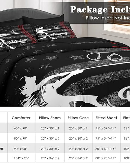 Comforter Set Full Size, Baseball American Flag 7 Pcs Bedding for Kids and Adults, America Athlete Sport Bed Sheet Sets with Fitted Sheet 2 Pillowcases & 2 Shams for Bedroom Bed Decor