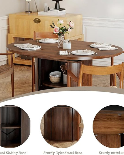 Oval Extendable Dining Table with Storage,59" Storage Kitchen Table for 4-8 People with Curved Sliding Door Fluted Wood Coffee Table Thickened Tabletop for Dining Room/Kitchen,Brown