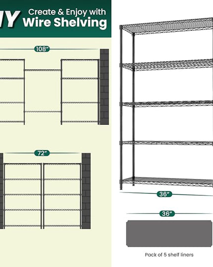 5-Tier Storage Shelves 72" H Wire Shelving with 5 Shelf Liners, 1325LBS Adjustable Metal Shelving, Heavy Duty Steel Wire Rack for Garage Commercial Pantry Kitchen, 36" W x 14" D x 72" H, Black