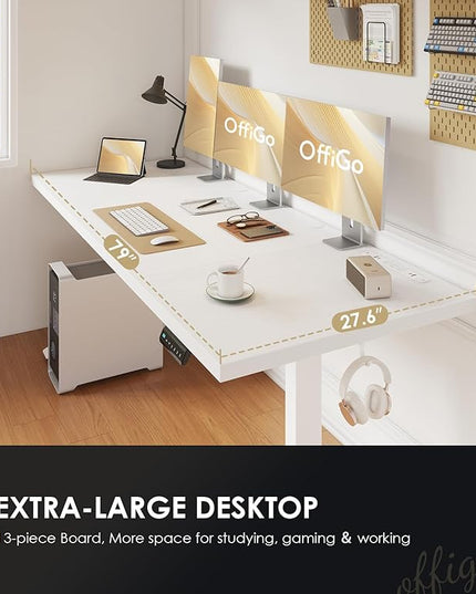 OffiGo Electric Standing Desk with 3-Piece Board, 79 Inch Height Adjustable Large Desk with Power Outlets, Sit Stand Table, Writing Computer Workstation for Home, Office, White