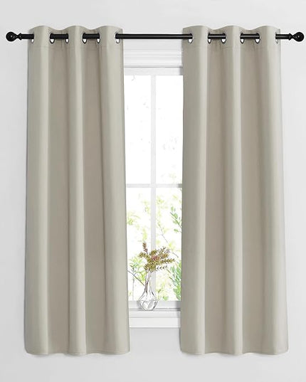 NICETOWN Bedroom Blackout Curtains 63 inches Long - Window Treatment Thermal Insulated Solid Grommet Room Darkening Voice Reducing Drapes for Living Room (Natural, Set of 2, W37 x L63)