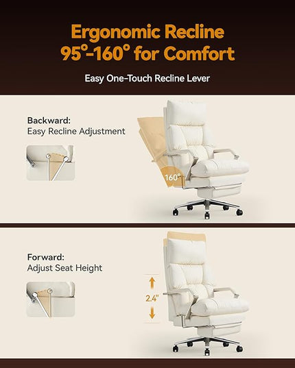 Reclining Office Chair with Footrest - 25.6" Wide Seat & Adjustable Seat Depth, Big and Tall High Back Leather Executive Home Office Desk Chair 400lbs, Cream